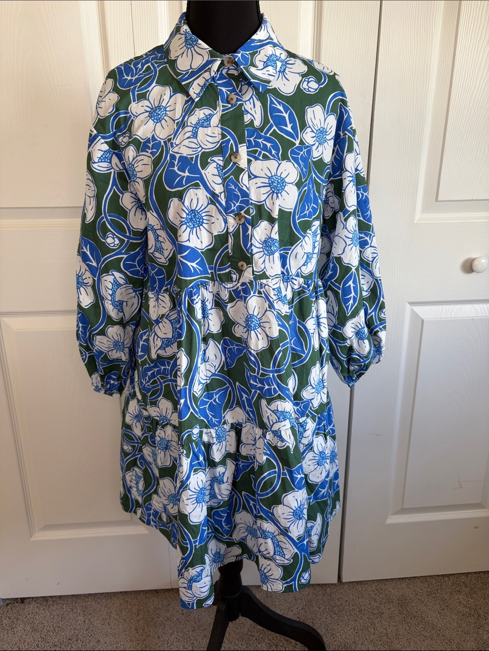 Anthropologie Maeve Bettina Tiered Mini Shirt Dress Blue Green Floral XS Cotton